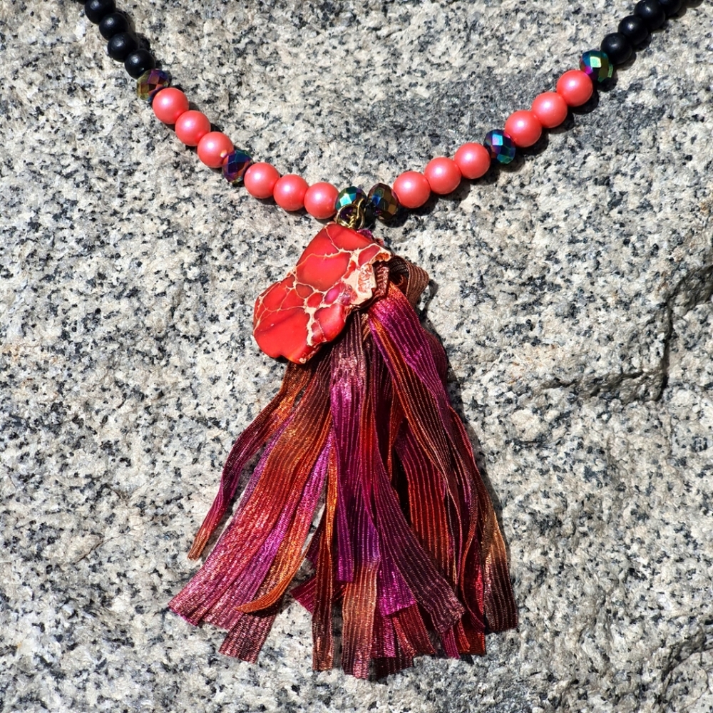 Boho Jasper Nugget, Glass & Wood Tassel Necklace
